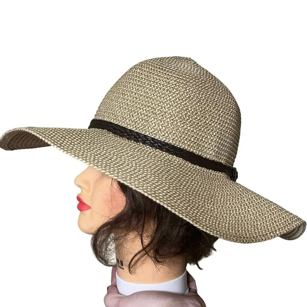 SunLily Wide Brim Straw Floppy Sun Hat Ladies OS Leather Trim Strap Boho Beach
